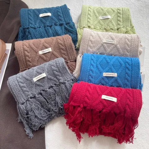Women's 100% Wool Cable Knit Scarf With Tassels Winter Warm Solid Color Thick Knitted Long Shawl Wrap Elegant Daily Gift