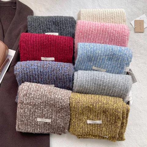 Women Chunky Knit Wool Blend Scarf Mixed Color Warm Winter Neck Warmer Soft Ribbed Korean Style Thick Pashmina Wrap With Label