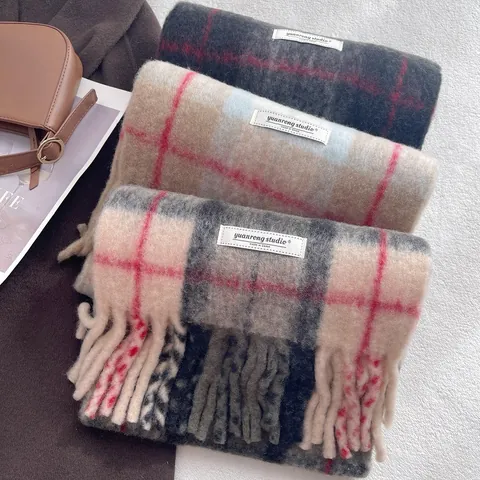 Sciarpa Donna Vintage a Quadri con Nappine Ispessita Calda in Misto Lana Mantella per Inverno Autunno Moda Donna Scaldacollo
