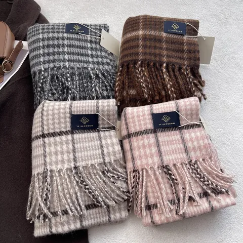 Sciarpa Donna in Misto Lana a Quadri Stile Coreano Con Nappe Scialle Pied de Poule Caldo per Autunno Inverno Casual
