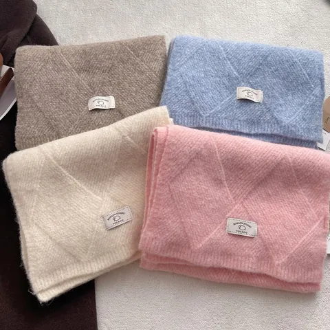 Women Wool Blend Knitted Scarf Warm Soft Lattice Pattern Neck Warmer For Winter Autumn Casual Versatile Solid Color Scarf