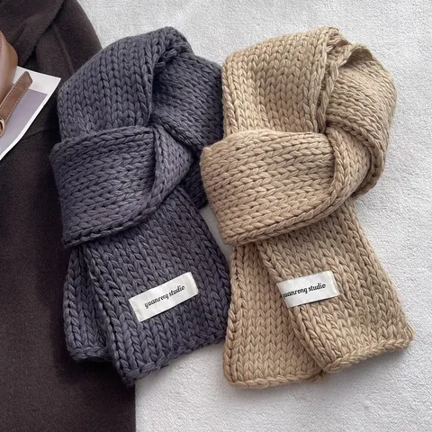Women's Vintage Cable Knit Scarf Winter Thick Yarn Soft Solid Color Neck Warmer Retro Warm Long Scarf With Label Accessories