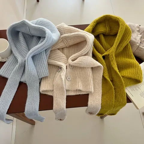Cappello Balaclava in Maglia da Donna Sciarpa con Cappuccio Calda Invernale Con Bottoni Stile Coreano Berretto in Lana a Costine