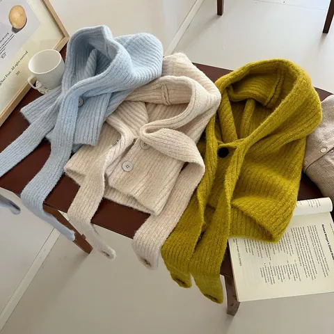 Cappello Balaclava in Maglia da Donna Sciarpa con Cappuccio Calda Invernale Con Bottoni Stile Coreano Berretto in Lana a Costine