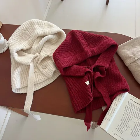 Passamontagna da Donna in Misto Lana a Maglia Cappello con Sciarpa Integrata con Coulisse e Bottone Protezione Calda Orecchie
