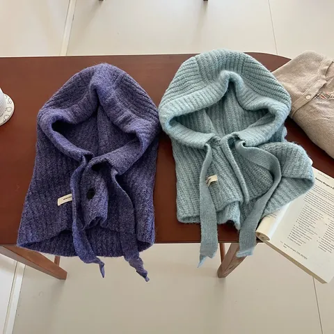 Passamontagna da Donna in Misto Lana a Maglia Cappello con Sciarpa Integrata con Coulisse e Bottone Protezione Calda Orecchie