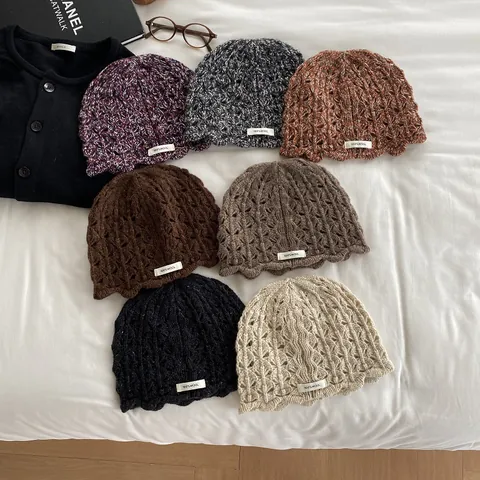 Women 100% Wool Knitted Beanie Crochet Flower Hollow Out Fisherman Hat Winter Warm Wavy Edge Mixed Color Retro Stylish Cap