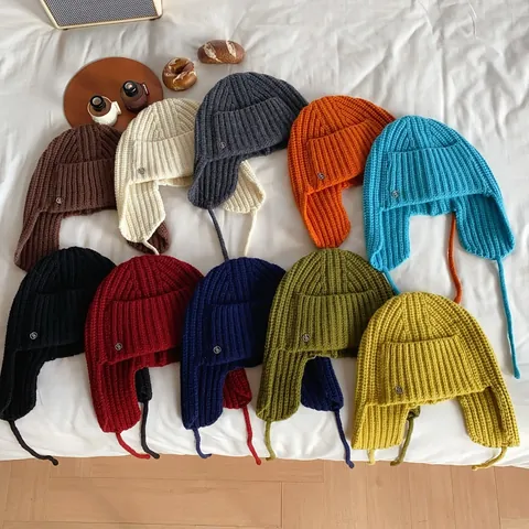 Women Winter Warm Wool Knit Ear Protection Beanie Windproof Trapper Hat Outdoor Solid Color Thermal Knit Cap Headwear