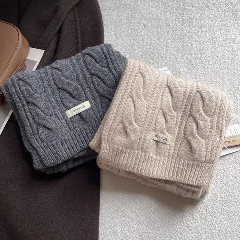 Solid Color 100% Wool Cable Knit Scarf For Women Men Winter Warm Long Knitted Shawl Wrap Outdoor Fashion Casual Neck Warmer