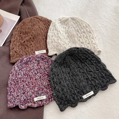 Women 100% Wool Knitted Beanie Crochet Flower Hollow Out Fisherman Hat Winter Warm Wavy Edge Mixed Color Retro Stylish Cap