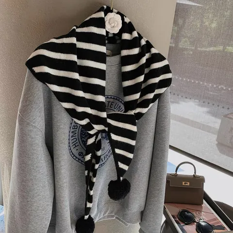 Striped Knit Shawl Triangle Scarf With Pom-poms Soft Warm Neck Wrap For Women Casual Preppy Style Winter Autumn Accessories