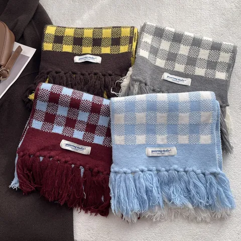Winter Warm Checkerboard Knitted Scarf For Women Vintage Color Block Soft Lattice Scarf With Tassels Korean Neck Warmer