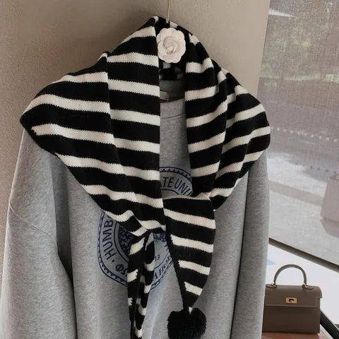 Striped Knit Shawl Triangle Scarf With Pom-poms Soft Warm Neck Wrap For Women Casual Preppy Style Winter Autumn Accessories