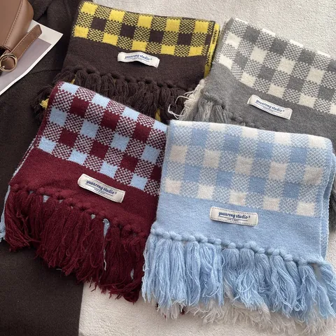 Winter Warm Checkerboard Knitted Scarf For Women Vintage Color Block Soft Lattice Scarf With Tassels Korean Neck Warmer
