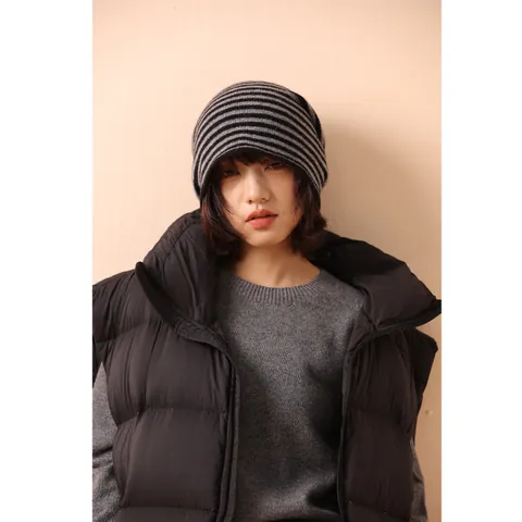 Berretto in Maglia di Pura Lana da Donna Invernale Caldo Protezione Orecchie Bordo Arrotolato Slouchy Skull Cap Tinta Unita Riga