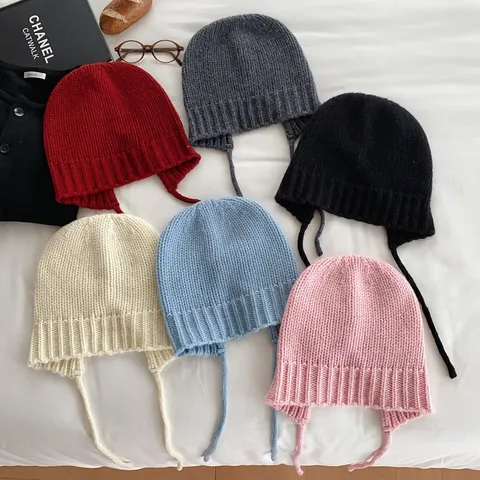 Hoge Kwaliteit Australische 100% Wol Gebreide Oorklepmuts Voor Dames Winter Warm Effen Kleur Met Veter Zachte Gebreide Muts