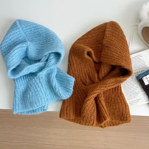 Women Winter Warm Balaclava Hat Knitted Integrated Hooded Scarf Thick Ribbed Neck Warmer Solid Color Windproof Bonnet Cap