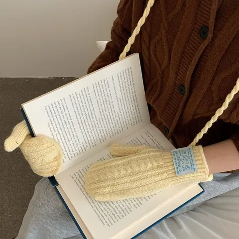 Women Cute Korean Style Knitted Mittens Cable Knit Warm Winter Gloves With Neck Hanging Strap Thick Soft Woolen Mittens