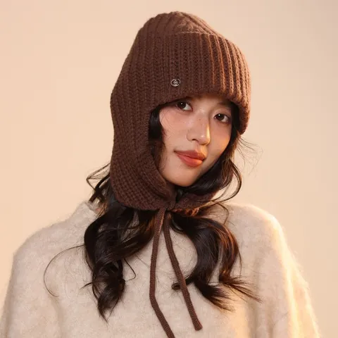 Women Winter Warm Wool Knit Ear Protection Beanie Windproof Trapper Hat Outdoor Solid Color Thermal Knit Cap Headwear