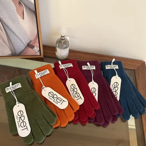 Dames Koreaanse Ins-stijl Gebreide Winter Warme Handschoenen Acryl Effen Snoepkleur Volledige Vinger Fietsen Buiten Zachte Touchscreen Handschoenen
