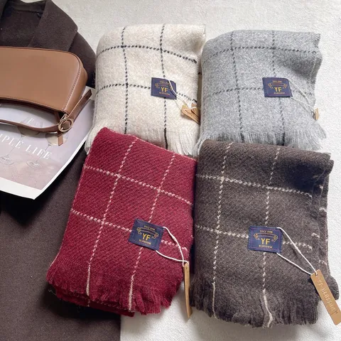 Bufanda Informal a Cuadros para Mujer Tipo Cachemir Gruesa Cálida Chal con Borlas Otoño Invierno Estilo Japonés Gingham