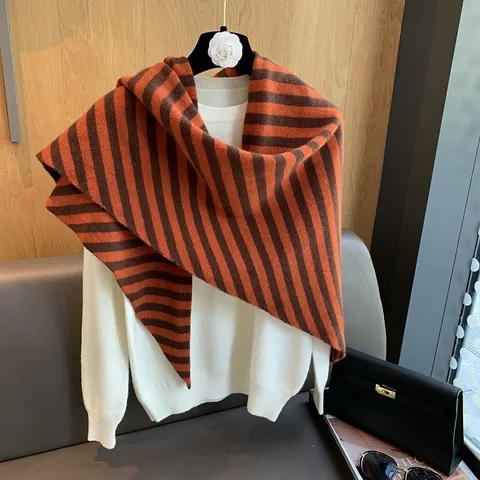 Women Pure Wool Striped Shawl Wrap Retro Korean Style Knitted Shoulder Wrap Warm Scarf For Autumn Winter Elegant Daily Accessories