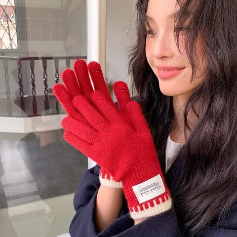 Damen Winter Warme Strickhandschuhe Polyestermischung Thermo-Fäustlinge Farbblock Rippbündchen Dekoratives Etikett Handschuhe