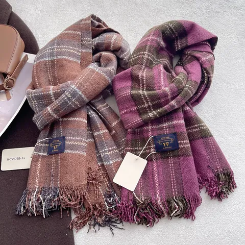 Women Vintage Plaid Tassel Scarf Cashmere-Like Warm Winter Wrap Shawl Thick Checkered Fashion Accessories For Commuting Daily