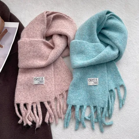 Sciarpa Donna Invernale in Maglia Con Nappine Tinta Unita Caldo Scialle in Filato Con Etichetta Stile Coreano Scaldacollo
