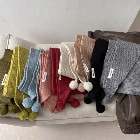 Women's Winter Warm Knitted Scarf With Pom Poms Cute Solid Color Thick Knit Neck Warmer For Students Ladies Soft Scarf