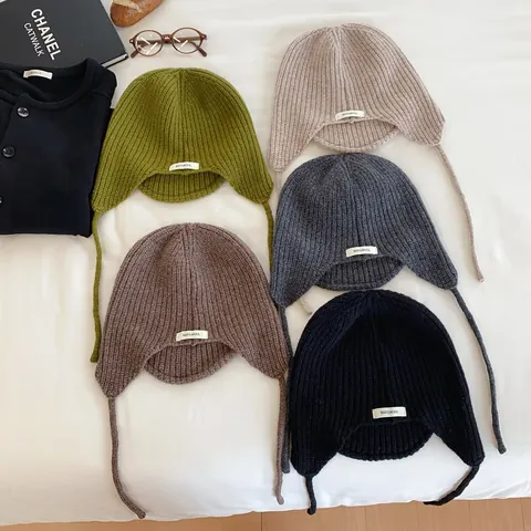 100% Wool Knit Earflap Hat With Short Brim Vintage Ribbed Warm Winter Pilot Cap For Women Outdoor Casual Headwear
