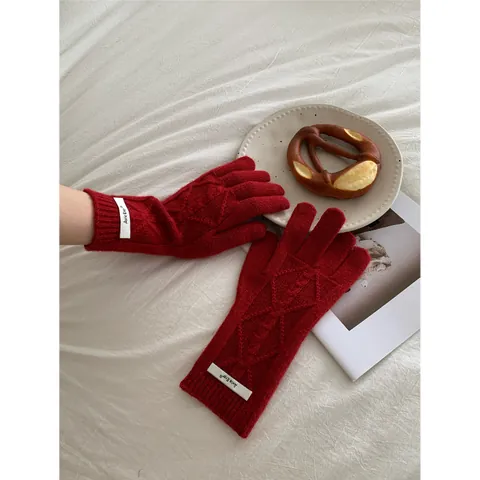Guanti in Maglia da Donna Trama a Trecce Misto Acrilico Dita Intere Caldi Muffole Etichetta Tessuta Decorativa Accessorio Invernale