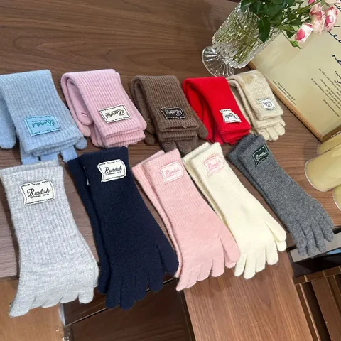 Women Winter Knitted Warm Gloves Ribbed Wool Blend Five Finger Gloves With Patch Label Solid Color Windproof Soft Mittens