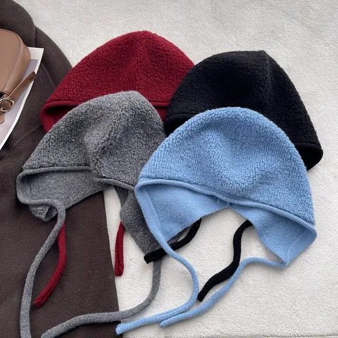 Women Pure Wool Knitted Earflap Hat Winter Warm Sherpa Texture Pilot Hat With Tie Up Strap Solid Color Beanie Hood Hat