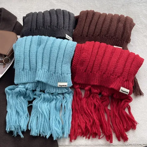 Women Winter Thickened Knitted Scarf With Large Tassels Icelandic Blue Warm Windproof Shawl Soft Solid Color Scarf For Women