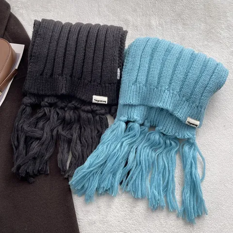 Women Winter Thickened Knitted Scarf With Large Tassels Icelandic Blue Warm Windproof Shawl Soft Solid Color Scarf For Women