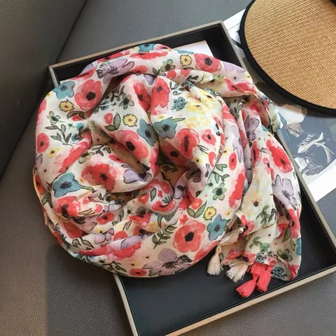 Vintage Damen Baumwoll-Leinen Schal Mit Blumendruck Und Quasten Weiches Sonnenschutz-Umschlagtuch Für Strandurlaub Alltag
