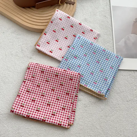 Zoete Kers Ruit Vierkante Sjaal Voor Dames Satijn Polyester Halssjaal Pastorale Stijl Haarlint Hoofdband Accessoires