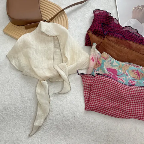 Retro Linen Triangle Scarf Floral Grid Striped Pattern Neck Kerchief For Women Ruffle Edge Light Breathable Summer Headscarf