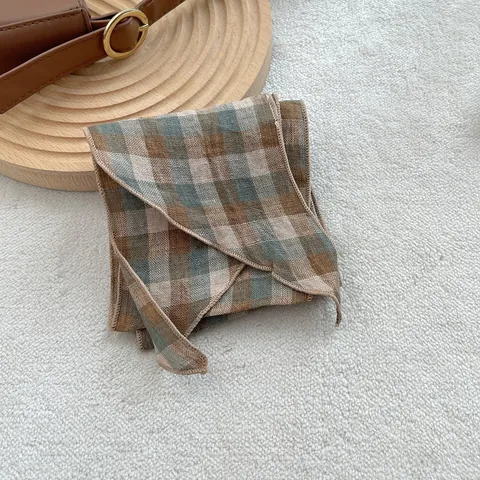 Pañuelo de Cuello Estrecho de Lino Puro Vintage a Cuadros Para Mujer Diadema de Pelo con Patrón de Rejilla Transpirable