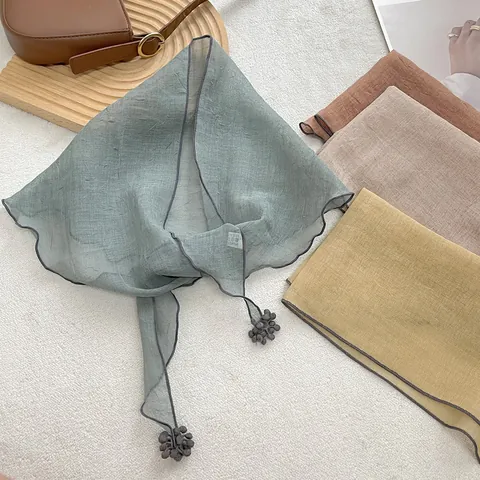 Women Fashion Sheer Triangle Scarf With Lettuce Edge Pom Pom Trim Polyester Sun Protection Head Scarf Versatile Neck Wrap