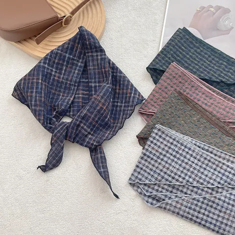 Vintage Kariert Baumwolle Dreieckstuch Retro Kopfschmuck Halstuch Dekoratives Haarzubehör Für Damen Täglich