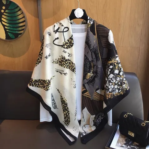 Women Retro Cotton Linen Large Square Scarf Leopard Floral Print Sun Protection Shawl 130cm Fashion Ethnic Wraps For Daily