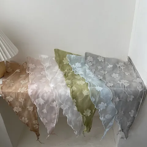 Women Retro Sweet Floral Triangle Scarf Transparent Tulle Hair Band Headband Flower Print Neck Scarf Wrap Decorative Headscarf