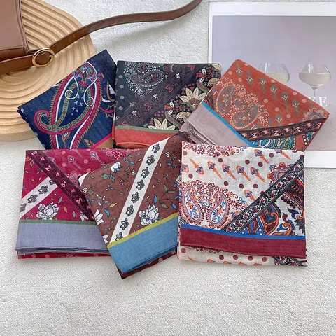 Women Retro Paisley Floral Print Square Scarf Cotton Blend Headscarf Bohemian Satin Feel Neck Scarf Versatile Hairband