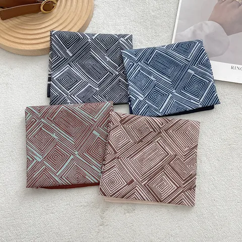 Vintage Geometric Print Satin Square Scarf Women Silk Like Decorative Neck Scarf Thin Artistic Neckerchief Accessory