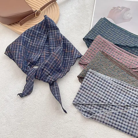 Vintage Kariert Baumwolle Dreieckstuch Retro Kopfschmuck Halstuch Dekoratives Haarzubehör Für Damen Täglich
