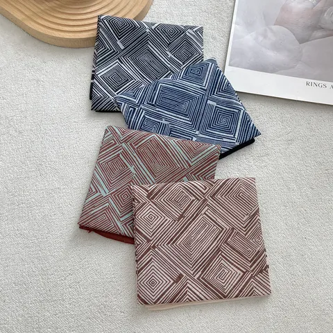 Vintage Geometric Print Satin Square Scarf Women Silk Like Decorative Neck Scarf Thin Artistic Neckerchief Accessory