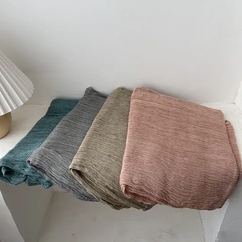 Women Pleated Scarf Soft Cotton Linen Feel Crinkle Solid Color Long Shawl Fringed Scarf For Office Air Conditioning Wear