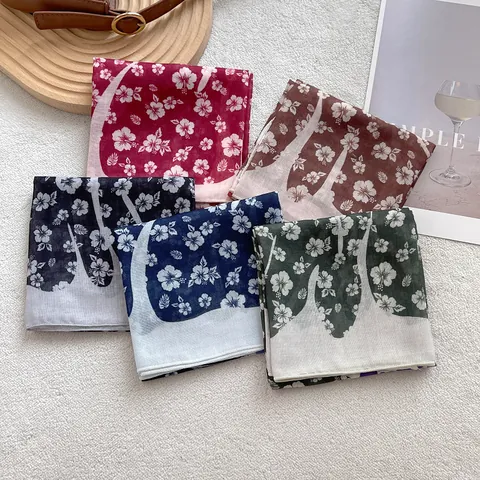Carré de Coton Pur Motif Floral Pour Femmes Vintage Hibiscus Imprimé Bandana Respirant Petit Foulard Accessoire